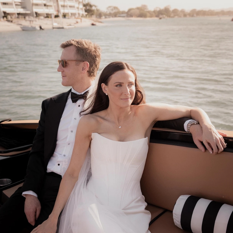 bride and groom aboard lilo noosa